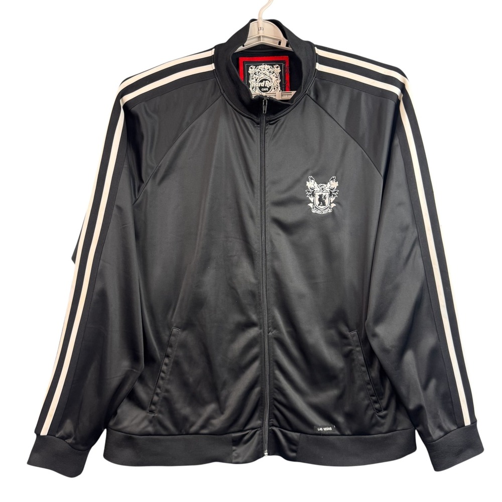 Hard Rock Cafe Las Vegas Track Jacket Mens XXL Black White Stripe Zip Up Coat